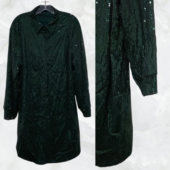 Sequin Collared Button Down Shirt Dress - Green - Picture 4 of 10